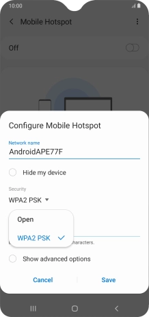 Press WPA2 PSK to password protect your WiFi hotspot.