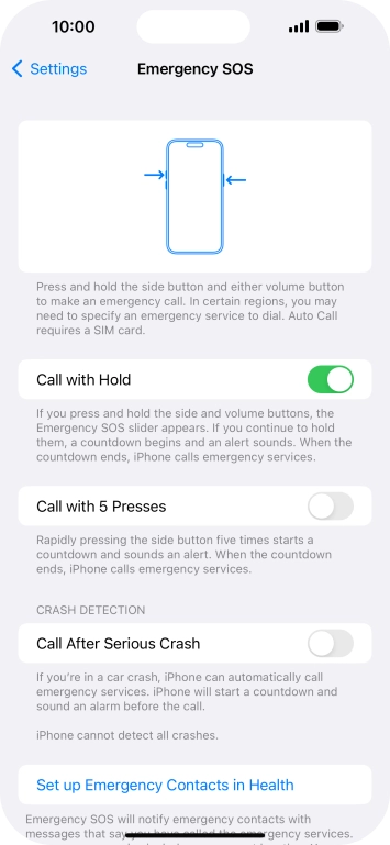 Press the indicator next to 'Call After Serious Crash' to turn on the function.