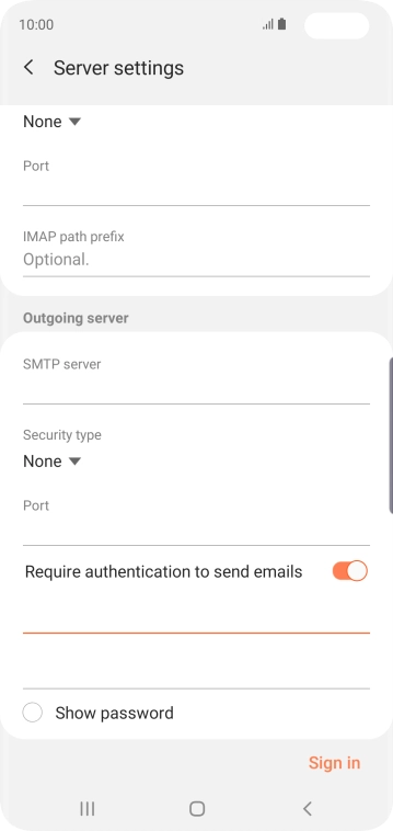 Press the password field and key in the password for your email provider's outgoing server.