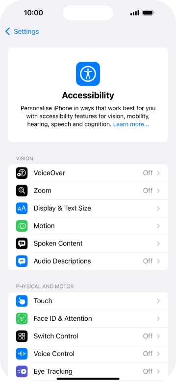 Press the required category below 'VISION' and follow the instructions on the screen to select the required settings.