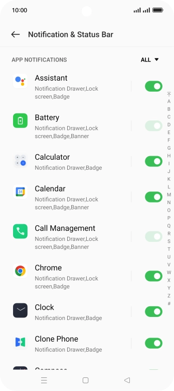 Press the indicators next to the required apps to turn the function on or off.
