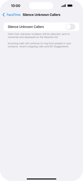 Press the indicator next to 'Silence Unknown Callers' to turn the function on or off.
