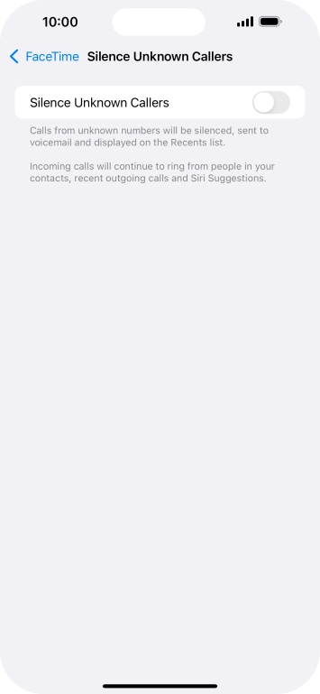 Press the indicator next to 'Silence Unknown Callers' to turn the function on or off.