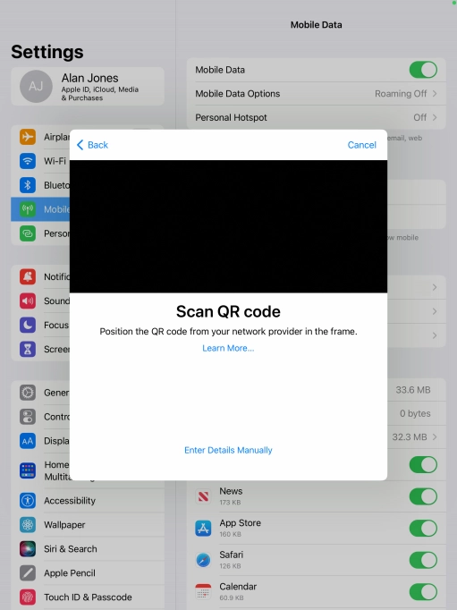 Place the QR code you've received inside the tablet camera frame to scan the code.