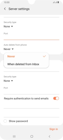 Press Never to keep emails on the server when you delete them on your phone.