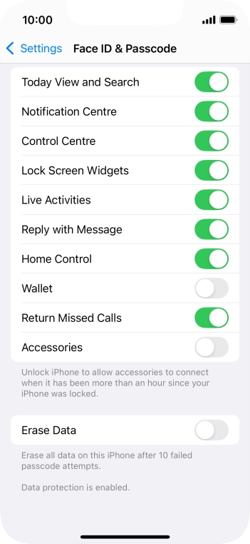 Press the indicator next to 'Erase Data' to turn the function on or off.