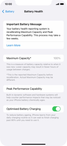 Press the indicator next to 'Optimised Battery Charging' to turn the function on or off.