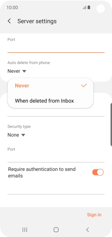 Press Never to keep emails on the server when you delete them on your phone.