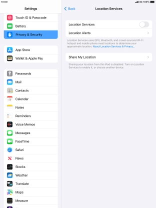 Press the indicator next to 'Location Services' to turn the function on or off.