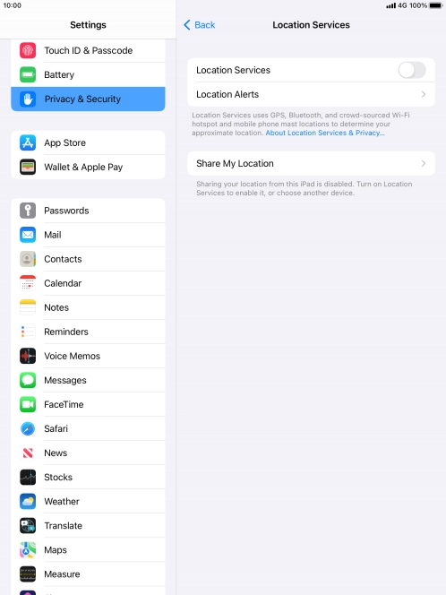 Press the indicator next to 'Location Services' to turn the function on or off.