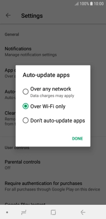 To turn on automatic update of apps using mobile network, press Over any network Data charges may apply.