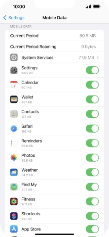 Press the indicators next to the required applications to turn the function on or off.