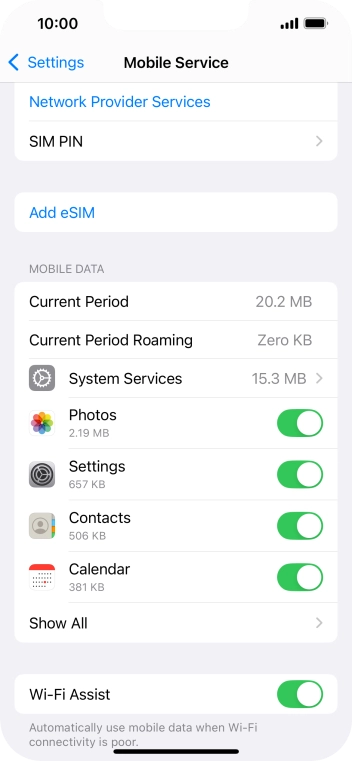 Press the indicator next to 'Wi-Fi Assist' to turn the function on or off.