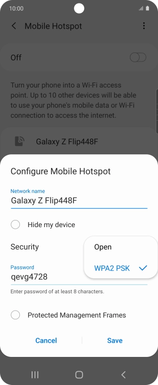 Press WPA2 PSK to password protect your WiFi hotspot.