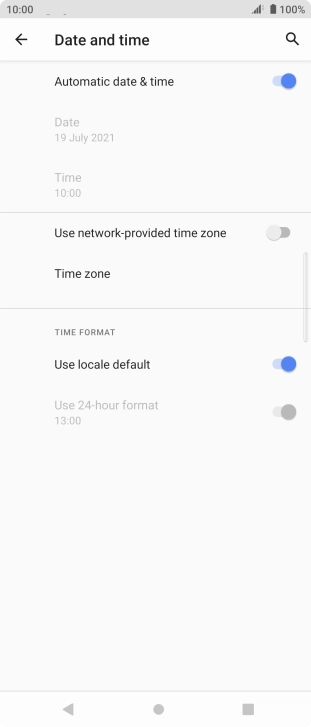 Press the indicator next to 'Use network-provided time zone' to turn on the function.