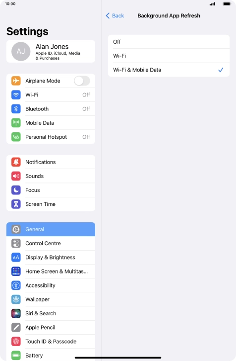 To turn off background refresh of apps, press Off. To turn off background refresh of apps, press Off.