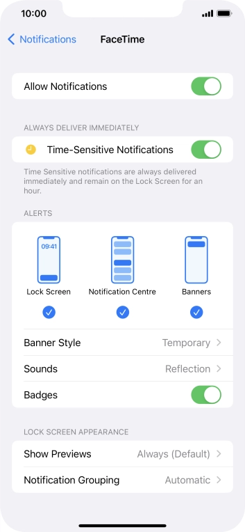 Press the indicator next to 'Allow Notifications' to turn notifications for the selected application on or off. Press the indicator next to 'Allow Notifications' to turn notifications for the selected application on or off.