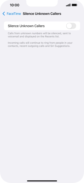 Press the indicator next to 'Silence Unknown Callers' to turn the function on or off. Press the indicator next to 'Silence Unknown Callers' to turn the function on or off.