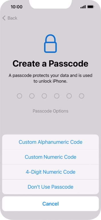 Follow the instructions on the screen to turn on the phone lock code or press Don't Use Passcode.