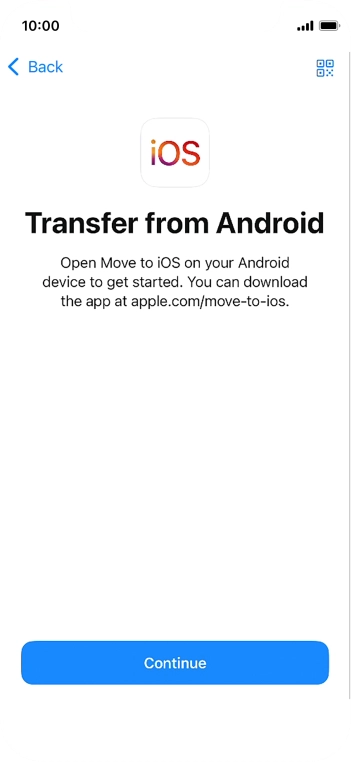 To transfer content to your phone, you need to install the app 'Move to iOS' on the Android phone. When the app is installed, press Continue.