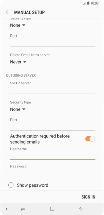 Press the field below 'Password' and key in the password of your email provider's outgoing server.