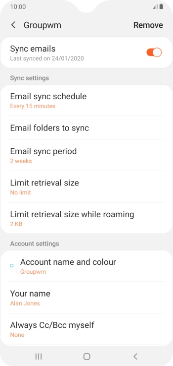 Press the indicator next to 'Sync emails' to turn on the function.