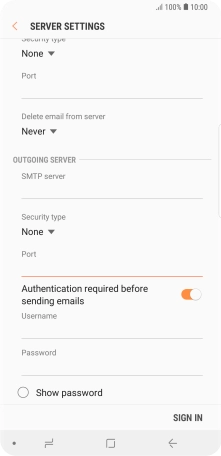 Press the indicator next to 'Authentication required before sending emails' to turn on the function.