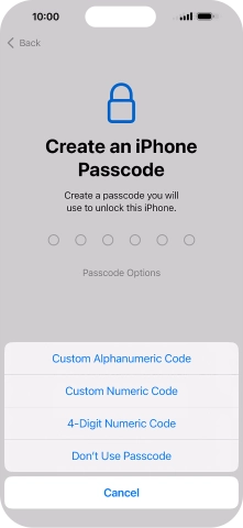 Follow the instructions on the screen to turn on the phone lock code or press Don't Use Passcode.