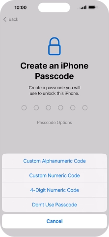 Follow the instructions on the screen to turn on the lock code or press Don't Use Passcode.
