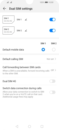 Press the indicator next to the required SIM to turn use of the SIM on or off.