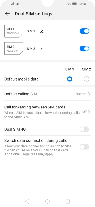 Press the indicator next to the required SIM to turn use of the SIM on or off.