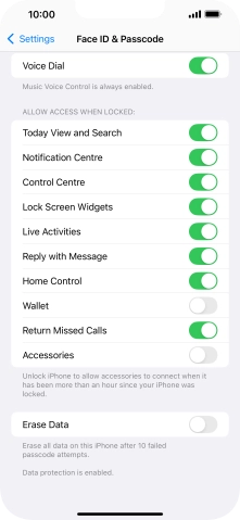 Press the indicator next to 'Erase Data' to turn the function on or off.