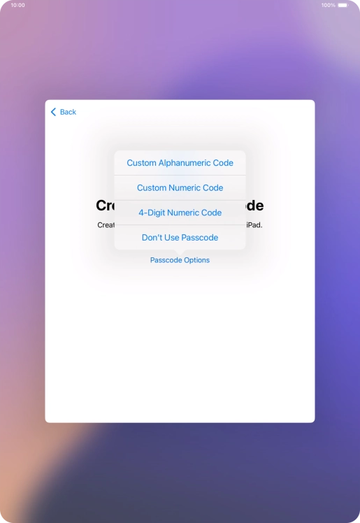 Follow the instructions on the screen to turn on the lock code or press Don't Use Passcode.