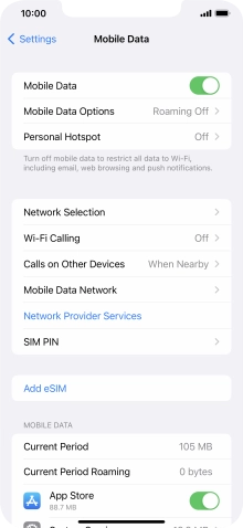 Press the indicator next to 'Mobile Data' to turn the function on or off.