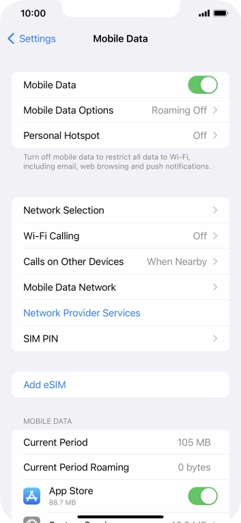 Press the indicator next to 'Mobile Data' to turn the function on or off.