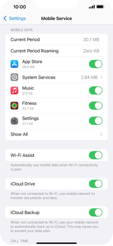 Press the indicators next to the required applications to turn the function on or off.