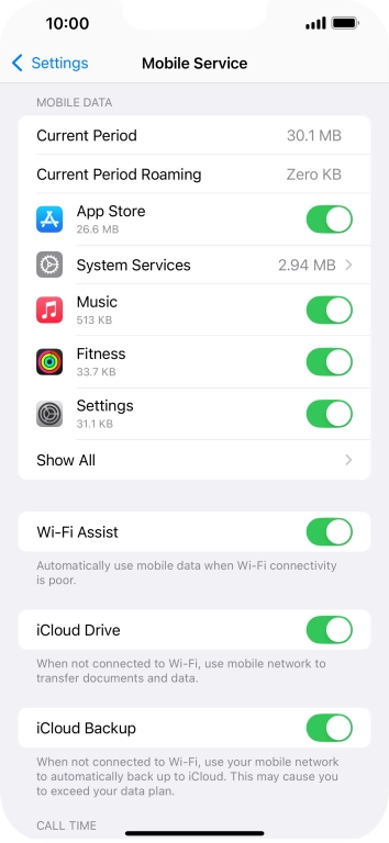 Press the indicators next to the required applications to turn the function on or off.