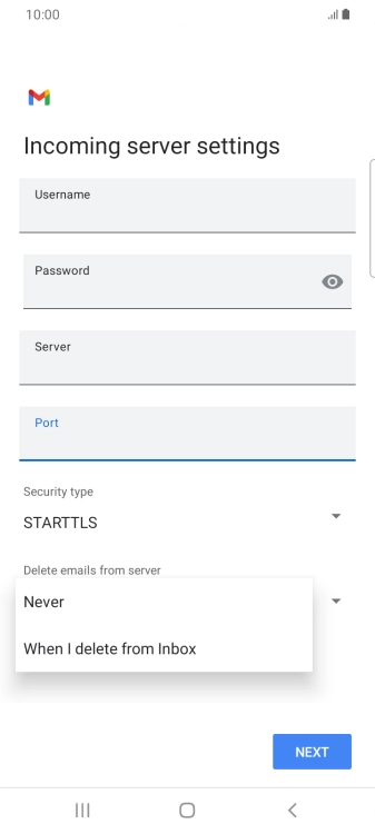 Press Never to keep emails on the server when you delete them on your phone. Press Never to keep emails on the server when you delete them on your phone.