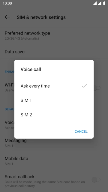 Press the required setting.