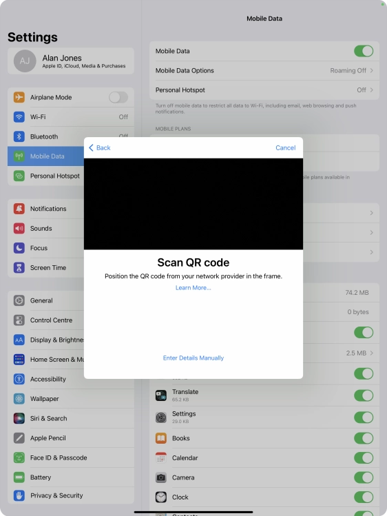 Place the QR code you've received inside the tablet camera frame to scan the code.