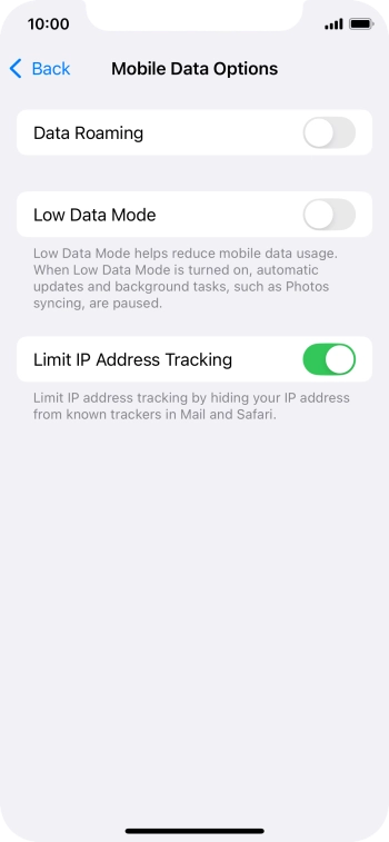 Press the indicator next to 'Low Data Mode' to turn the function on or off.