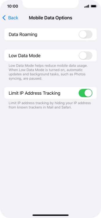 Press the indicator next to 'Low Data Mode' to turn the function on or off. Press the indicator next to 'Low Data Mode' to turn the function on or off.