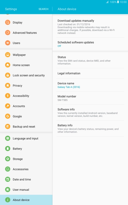 Press Download updates manually. If a new software version is available, it's displayed. 
Follow the instructions on the screen to update the tablet software.