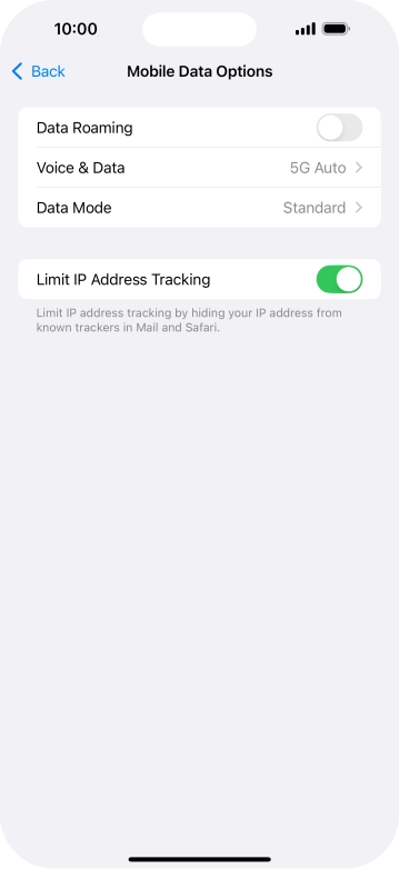 Press the indicator next to 'Data Roaming' to turn the function on or off.