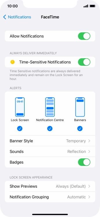 Press the indicator next to 'Allow Notifications' to turn notifications for the selected application on or off.