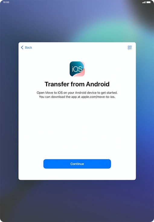 To transfer content to your tablet, you need to install the app 'Move to iOS' on the Android device. When the app is installed, press Continue.