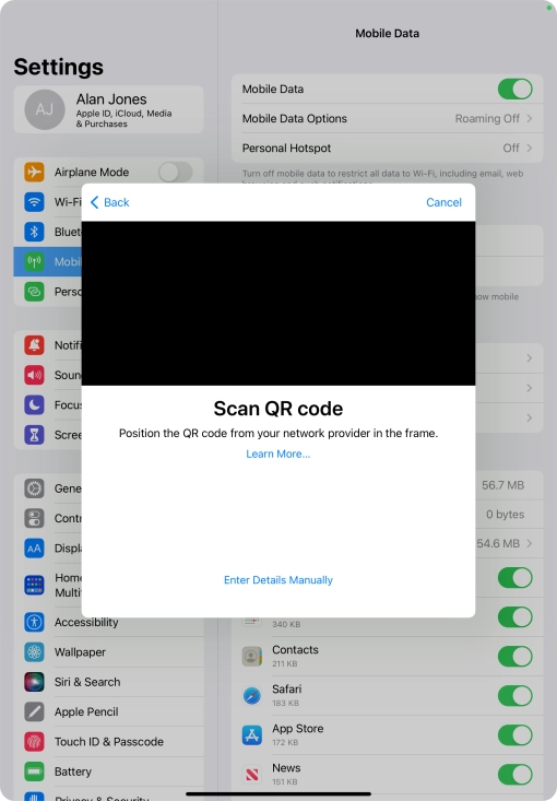 Place the QR code you've received inside the tablet camera frame to scan the code.