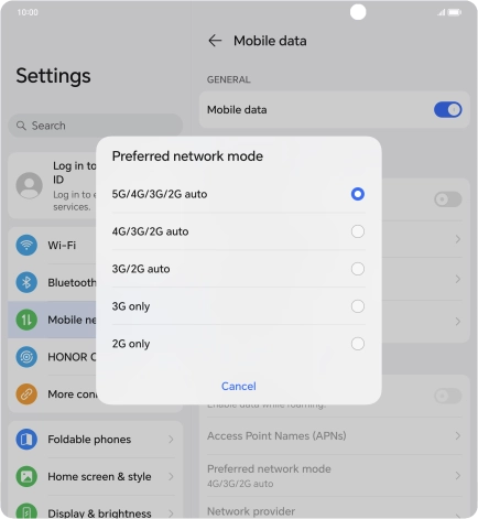 Press the required network mode.