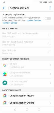 Press the indicator next to 'Access to my location' to turn the function on or off.