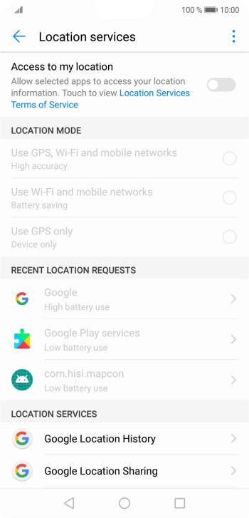 Press the indicator next to 'Access to my location' to turn the function on or off.
